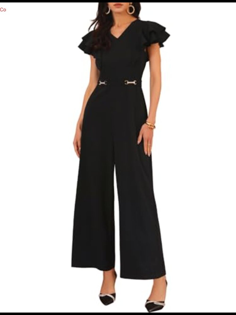 Women's Dressy V Neck Ruffled Sleeve Wide Leg Formal Jumpsuit